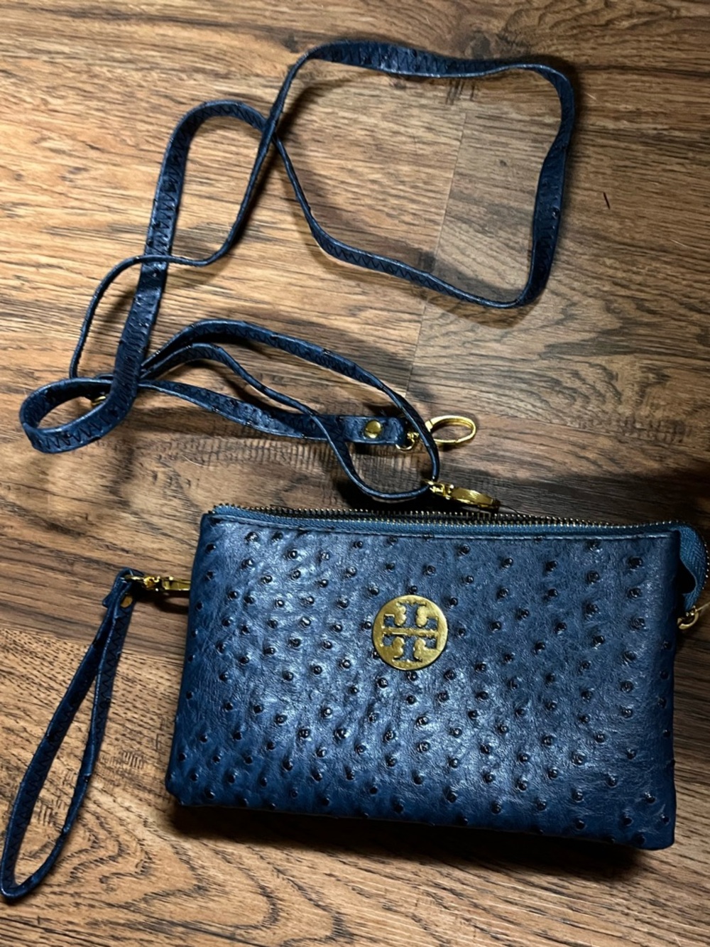 Tory Burch Navy Textured Crossbody Wristlet with Gold Logo
